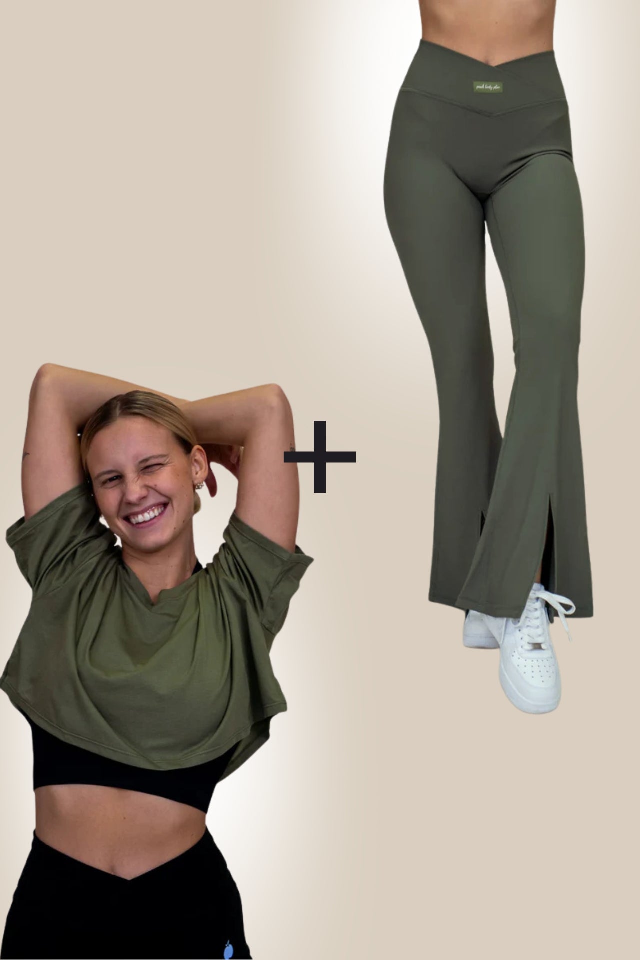 OLIVE SET : Flare Pajkice + Crop Majica (Olive)